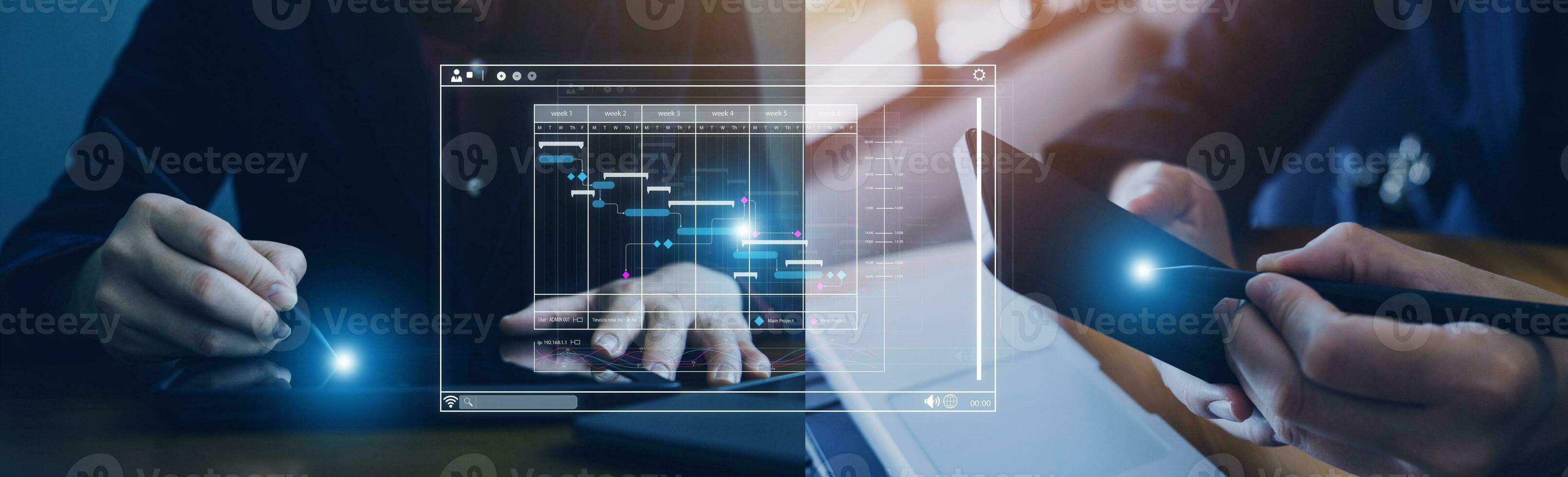 Businessman analyzing business Enterprise data management, business analytics with charts, metrics and KPIs to improve organizational performance, marketing, financial organization strategy. photo