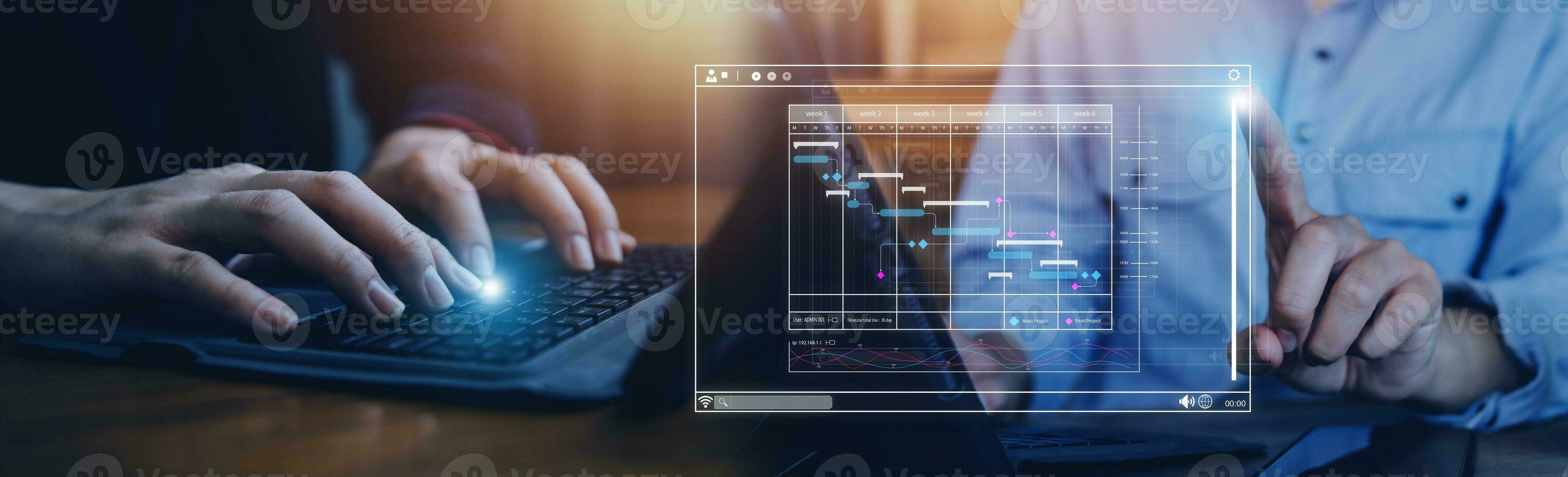 Businessman analyzing business Enterprise data management, business analytics with charts, metrics and KPIs to improve organizational performance, marketing, financial organization strategy. photo