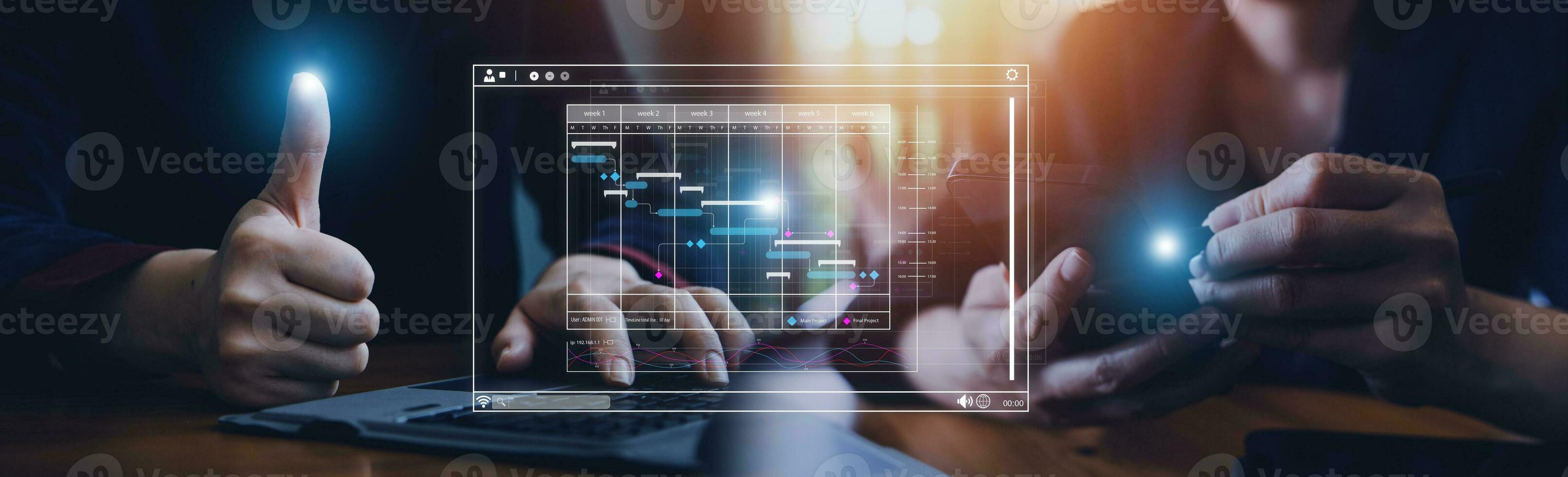 Businessman analyzing business Enterprise data management, business analytics with charts, metrics and KPIs to improve organizational performance, marketing, financial organization strategy. photo