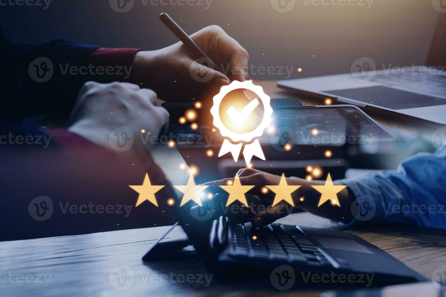Hand shows the sign of the top service Quality assurance, Guarantee, Standards, ISO certification and standardization concept, satisfaction, service experience. photo