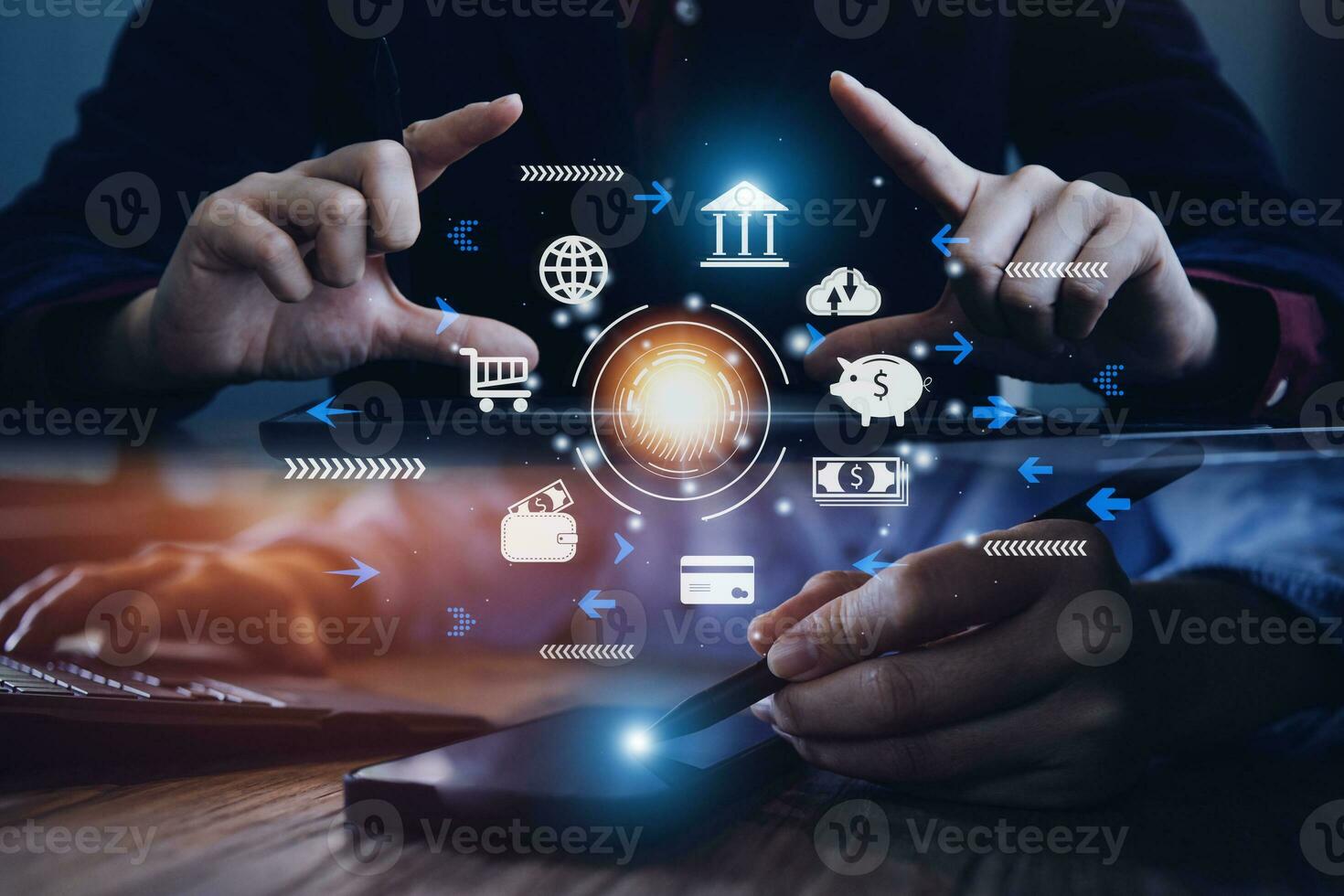 procesamiento digital futurista del escáner de huellas dactilares de identificación biométrica para acceder a datos financieros personales. vigilancia y escaneo de seguridad de programas digitales aplicaciones futuristas cibernéticas foto