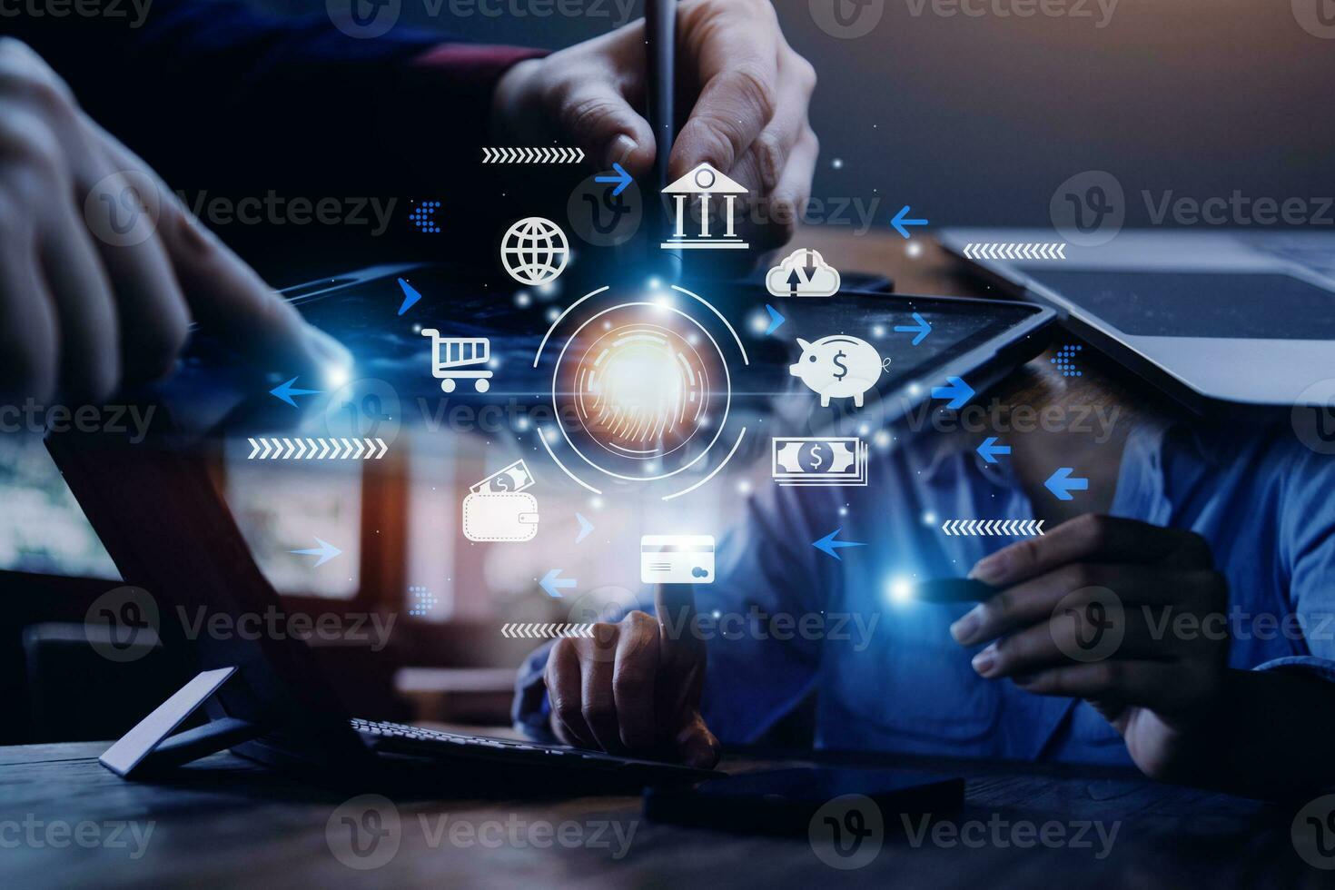 procesamiento digital futurista del escáner de huellas dactilares de identificación biométrica para acceder a datos financieros personales. vigilancia y escaneo de seguridad de programas digitales aplicaciones futuristas cibernéticas foto