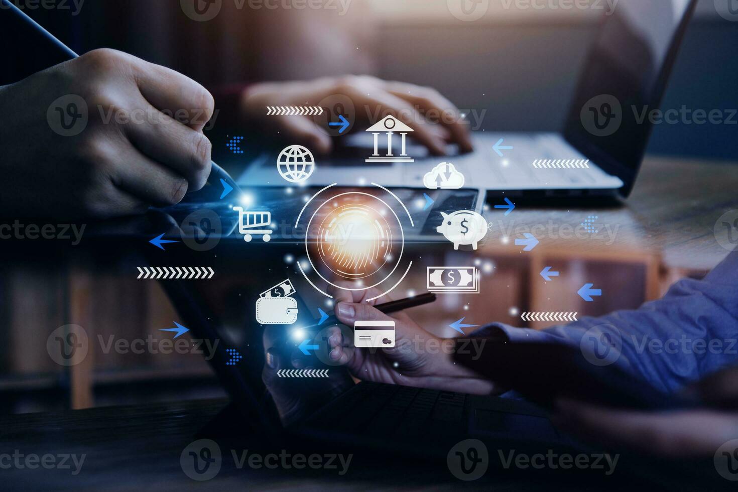 futuristic digital processing of biometric identification fingerprint scanner for access personal financial data. surveillance and security scanning of digital programs cyber futuristic applications photo