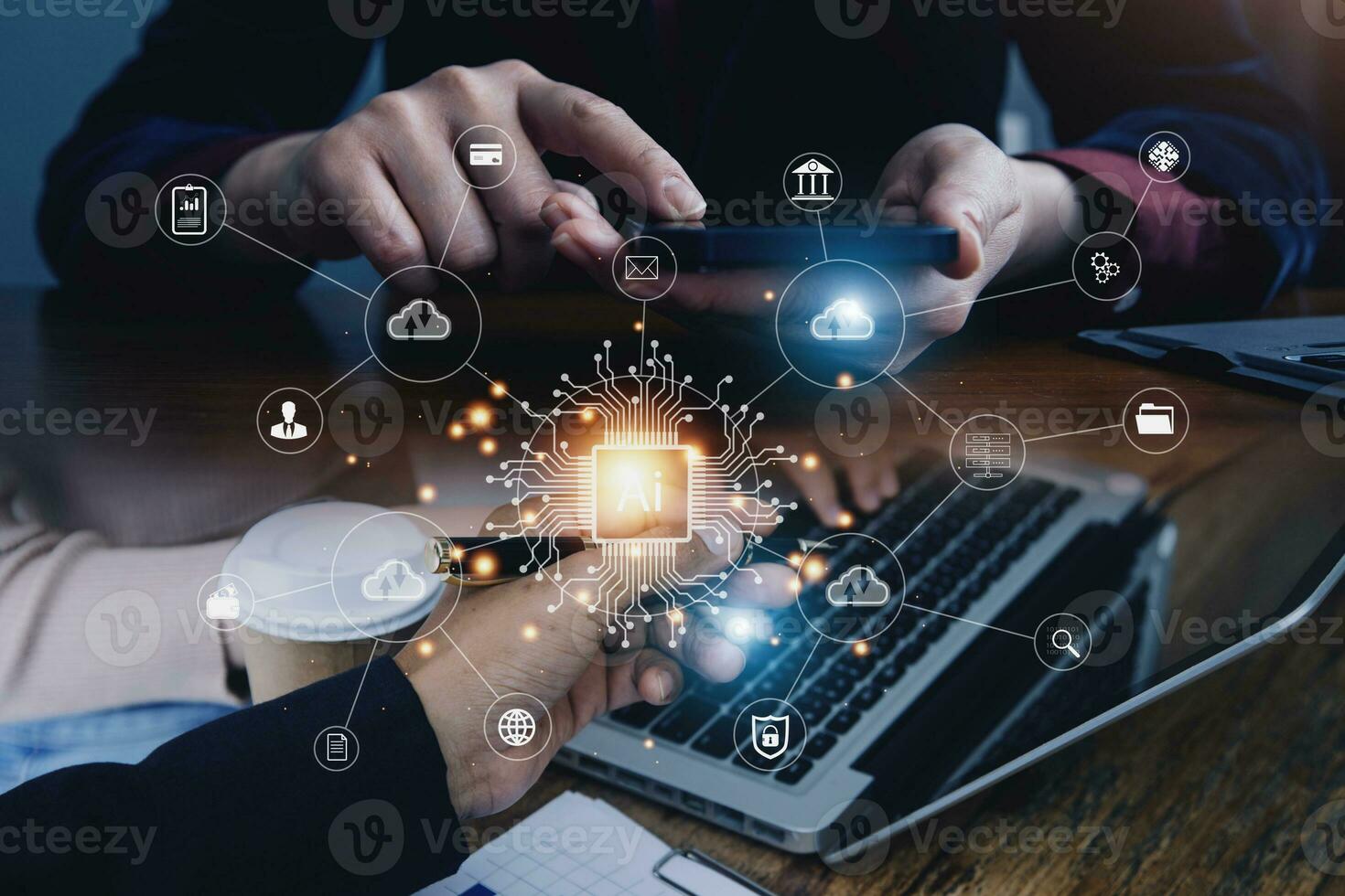 Digital transformation technology strategy, IoT, internet of things. transformation of ideas and the adoption of technology in business in the digital age, enhancing global business capabilities. Ai photo