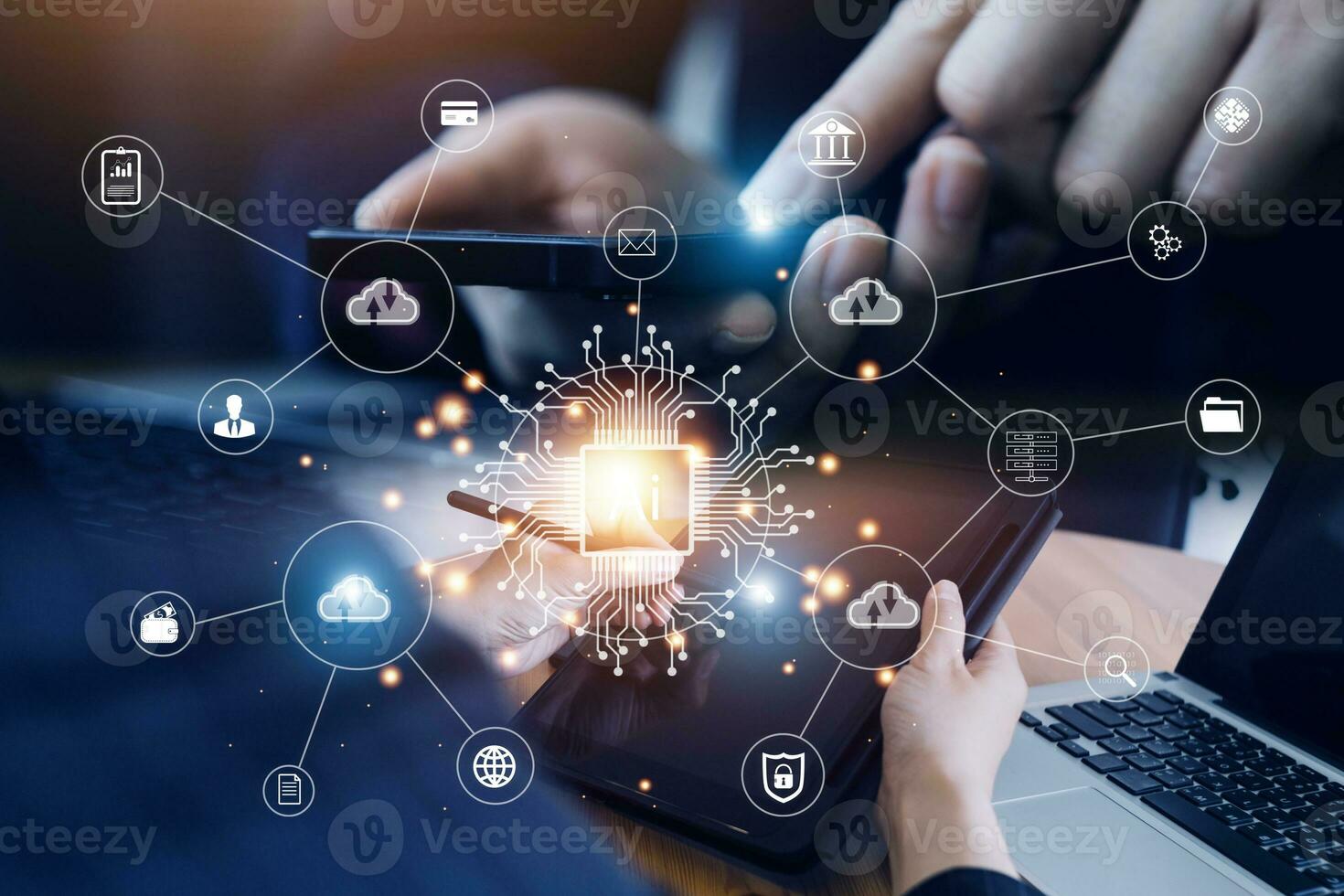 Digital transformation technology strategy, IoT, internet of things. transformation of ideas and the adoption of technology in business in the digital age, enhancing global business capabilities. Ai photo