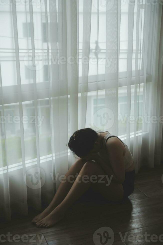 panic attacks alone young girl sad fear stressful depressed emotional.crying use hand cover face begging help.stop abusing domestic violence in women,person with health anxiety,people bad feeling down photo