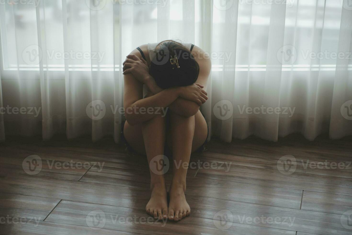panic attacks alone young girl sad fear stressful depressed emotional.crying use hand cover face begging help.stop abusing domestic violence in women,person with health anxiety,people bad feeling down photo
