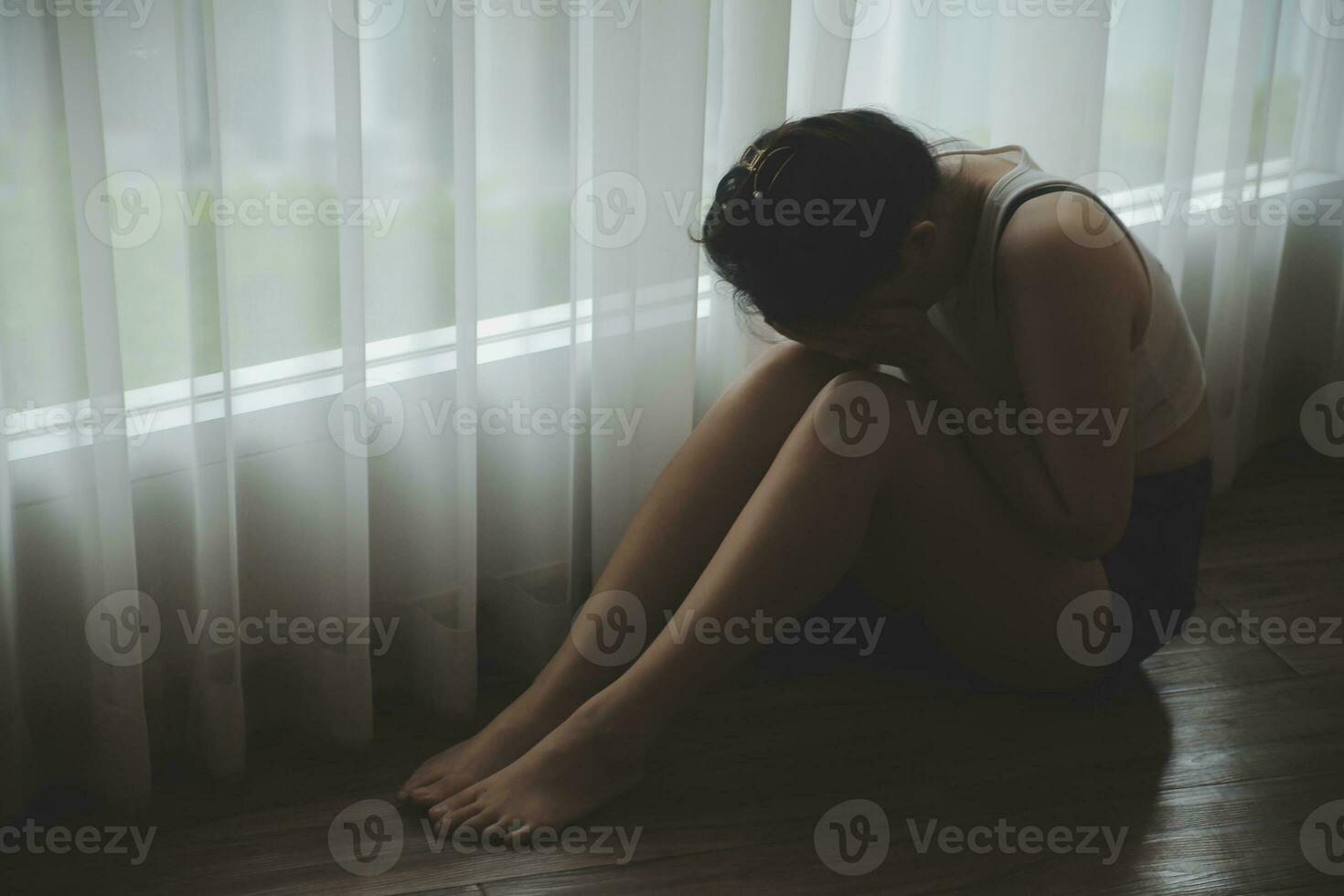 panic attacks alone young girl sad fear stressful depressed emotional.crying use hand cover face begging help.stop abusing domestic violence in women,person with health anxiety,people bad feeling down photo