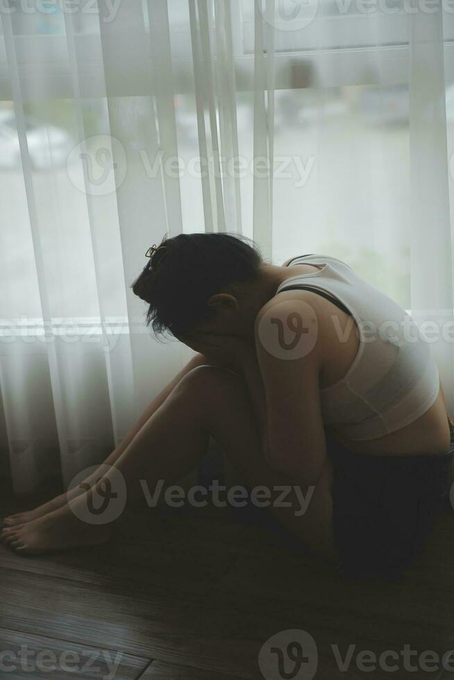 panic attacks alone young girl sad fear stressful depressed emotional.crying use hand cover face begging help.stop abusing domestic violence in women,person with health anxiety,people bad feeling down photo