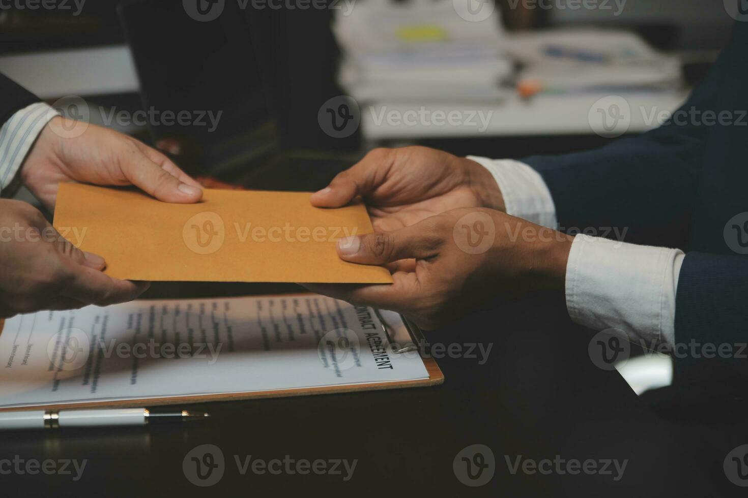 Business and lawyers discussing contract papers with brass scale on desk in office. Law, legal services, advice, justice and law concept picture with film grain effect photo