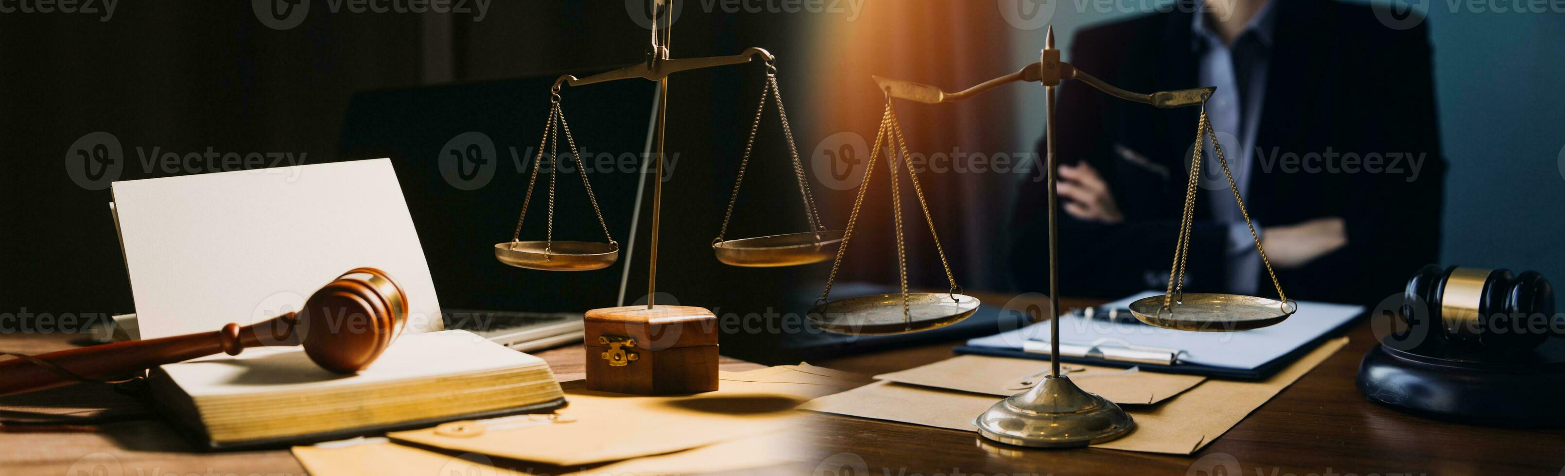 Business and lawyers discussing contract papers with brass scale on desk in office. Law, legal services, advice, justice and law concept picture with film grain effect photo