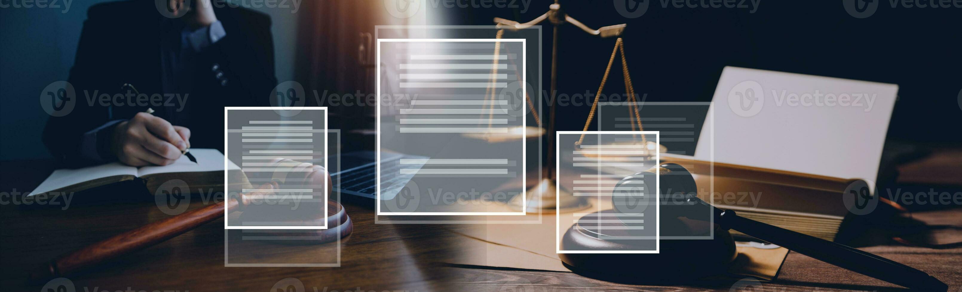 Business and lawyers discussing contract papers with brass scale on desk in office. Law, legal services, advice, justice and law concept picture with film grain effect photo