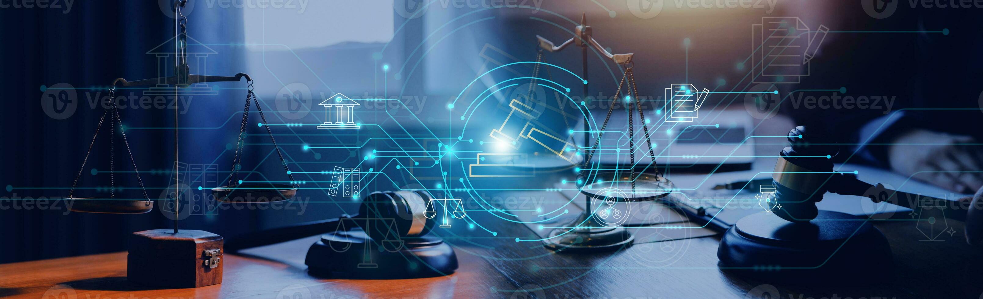 Business and lawyers discussing contract papers with brass scale on desk in office. Law, legal services, advice, justice and law concept picture with film grain effect photo