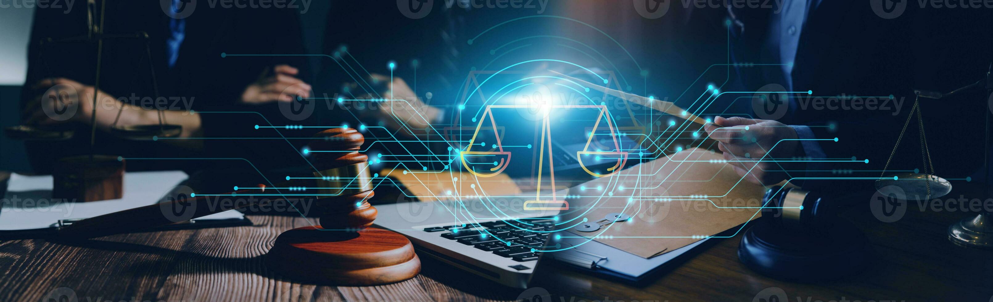 Business and lawyers discussing contract papers with brass scale on desk in office. Law, legal services, advice, justice and law concept picture with film grain effect photo