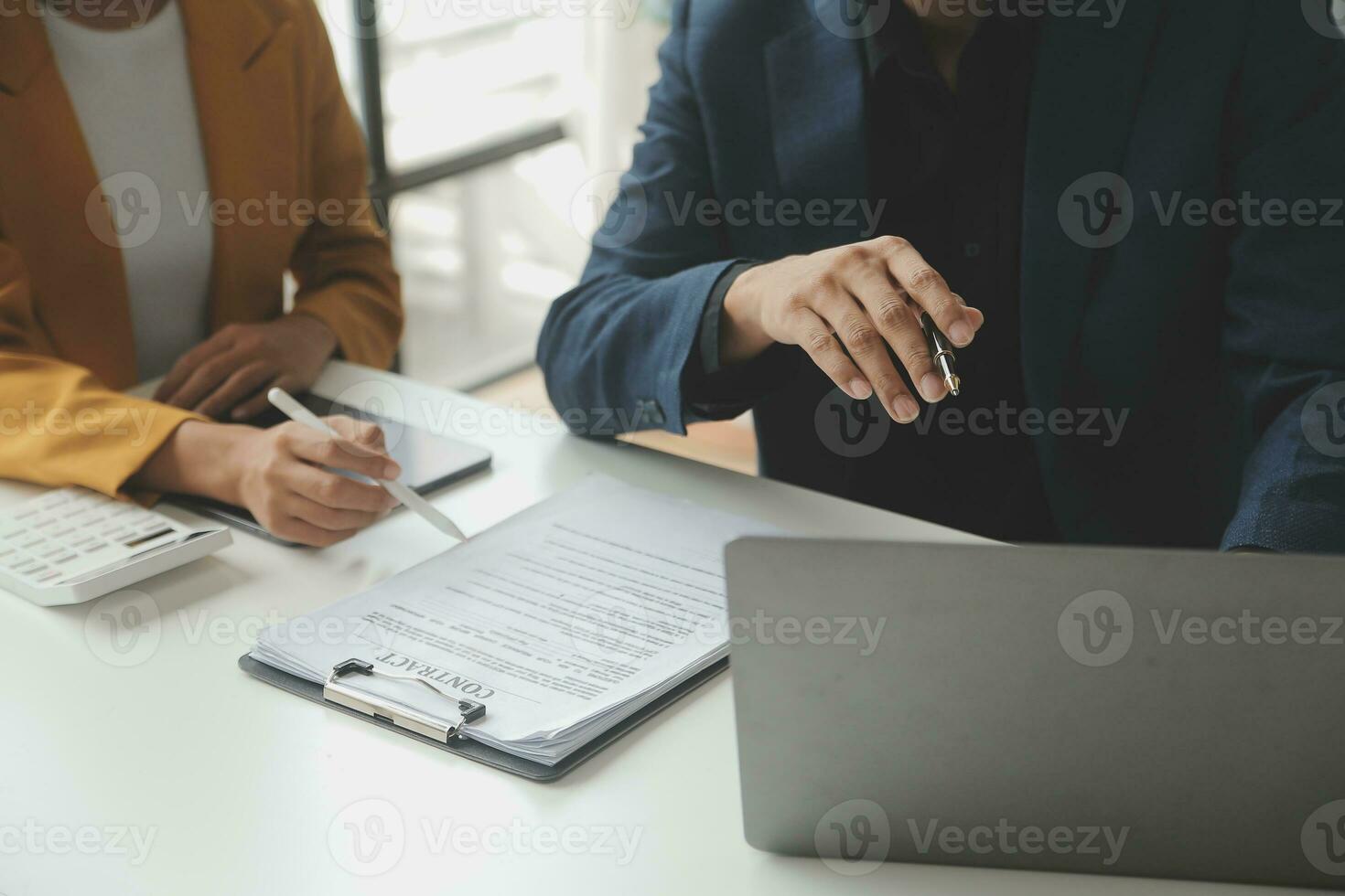 Financial Business team present. Business man hands hold documents with financial statistic stock photo, discussion, and analysis report data the charts and graphs. Finance Financial concept photo