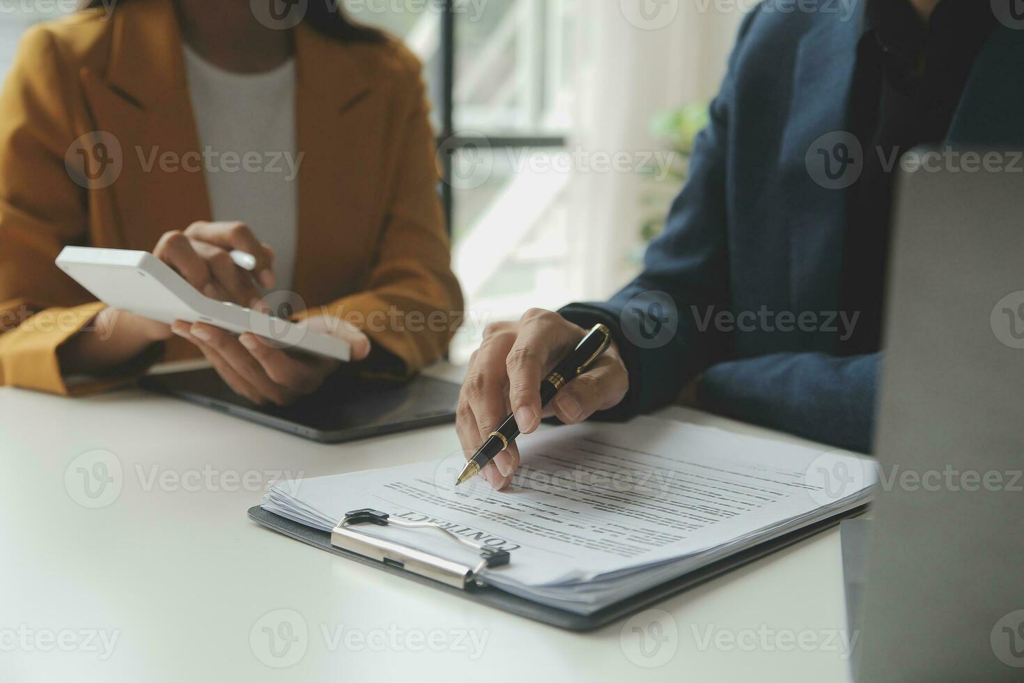 Financial Business team present. Business man hands hold documents with financial statistic stock photo, discussion, and analysis report data the charts and graphs. Finance Financial concept photo