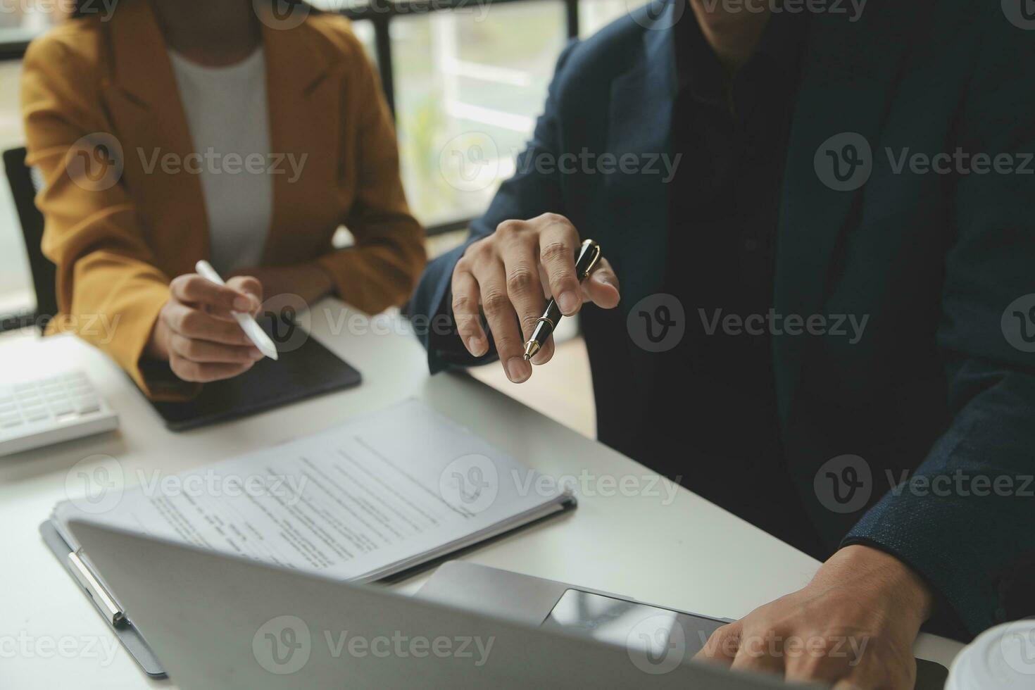 Financial Business team present. Business man hands hold documents with financial statistic stock photo, discussion, and analysis report data the charts and graphs. Finance Financial concept photo