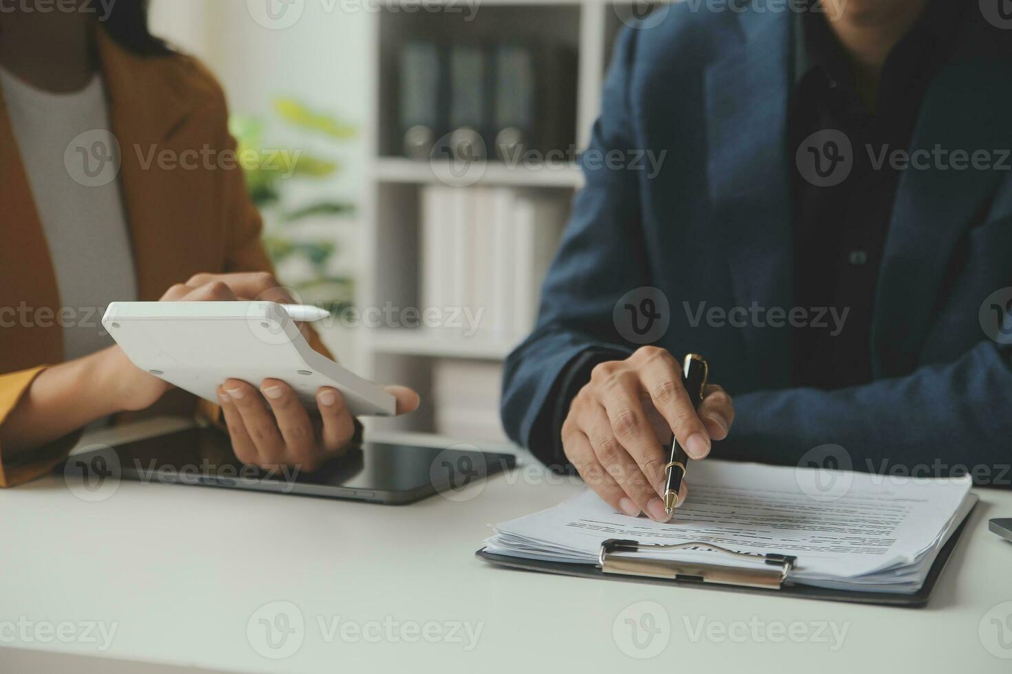 Financial Business team present. Business man hands hold documents with financial statistic stock photo, discussion, and analysis report data the charts and graphs. Finance Financial concept photo