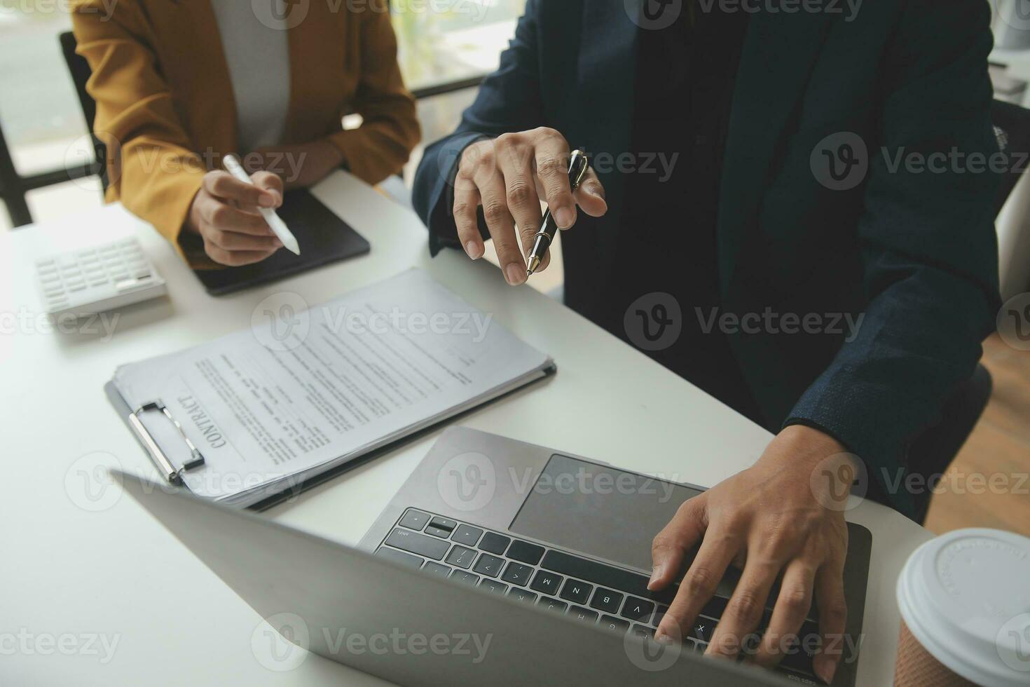 Financial Business team present. Business man hands hold documents with financial statistic stock photo, discussion, and analysis report data the charts and graphs. Finance Financial concept photo
