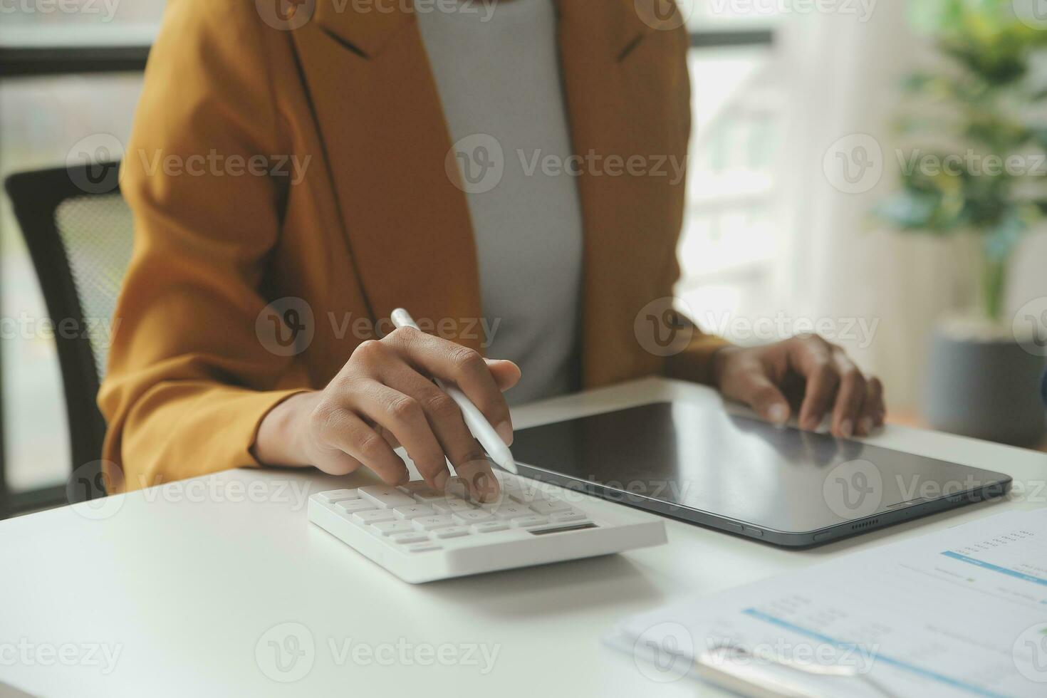 Financial Business team present. Business man hands hold documents with financial statistic stock photo, discussion, and analysis report data the charts and graphs. Finance Financial concept photo