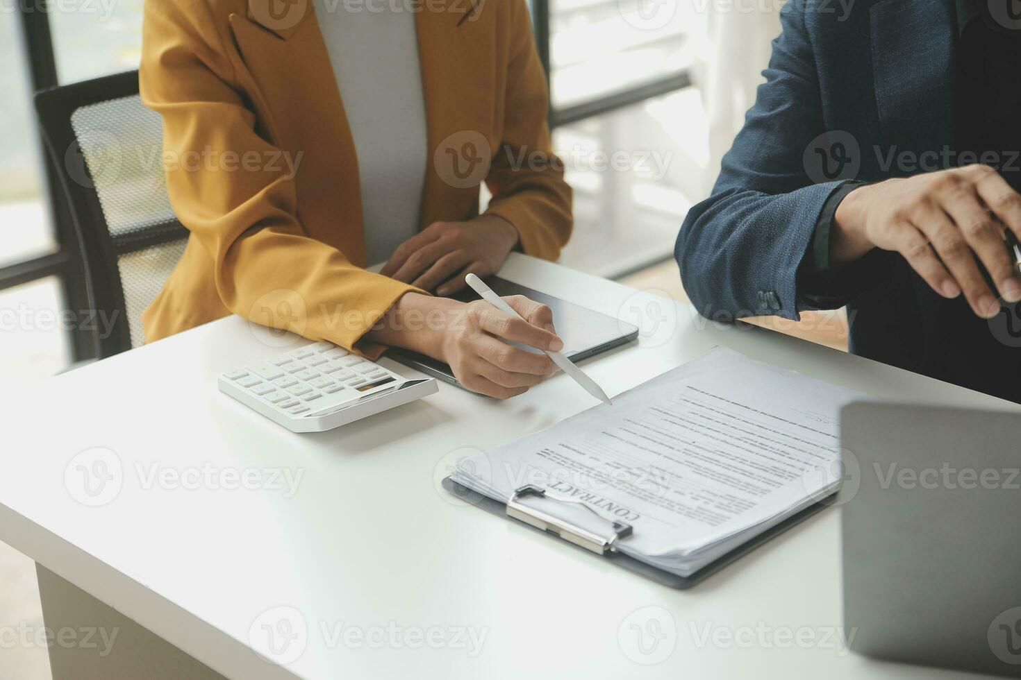 Financial Business team present. Business man hands hold documents with financial statistic stock photo, discussion, and analysis report data the charts and graphs. Finance Financial concept photo