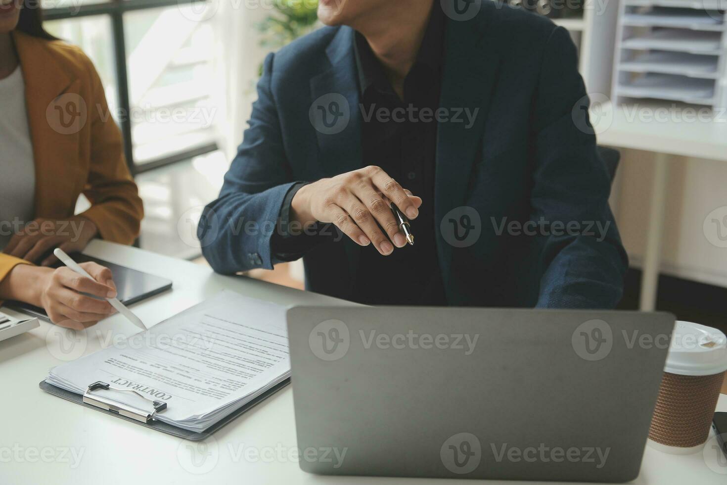 Financial Business team present. Business man hands hold documents with financial statistic stock photo, discussion, and analysis report data the charts and graphs. Finance Financial concept photo