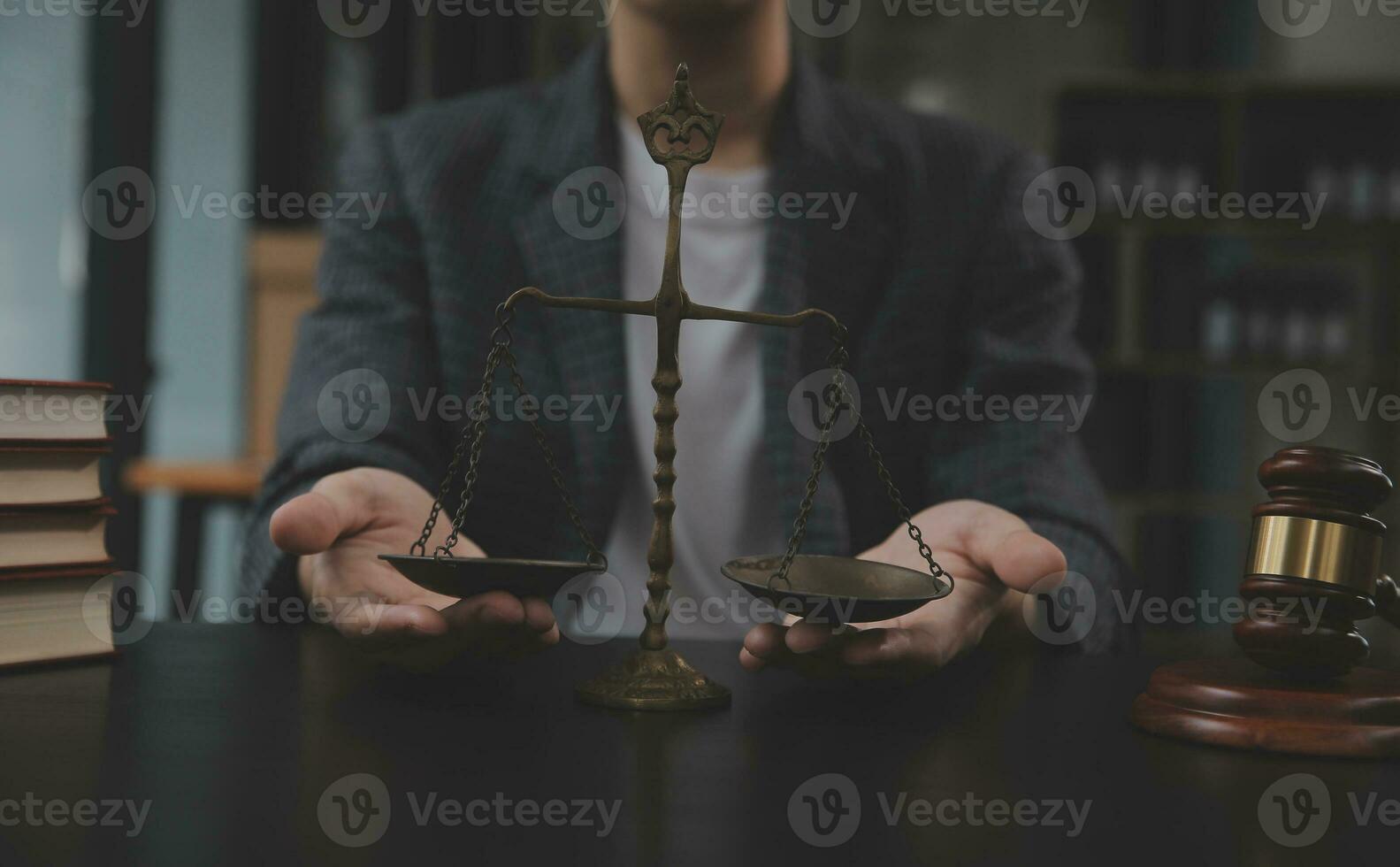 Business and lawyers discussing contract papers with brass scale on desk in office. Law, legal services, advice, justice and law concept picture with film grain effect photo