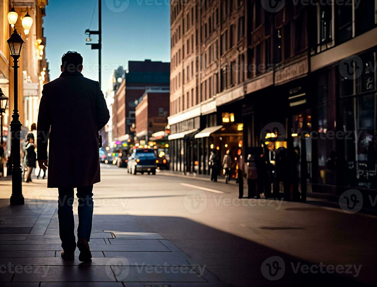 retroiluminado de un hombre caminando en el ciudad calle, ai generativo foto