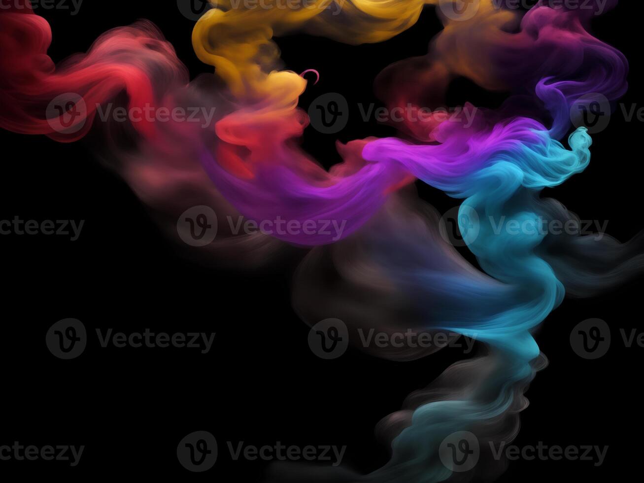 Photograph of a singular flowing colorful smoke stream in black background, AI Generative photo