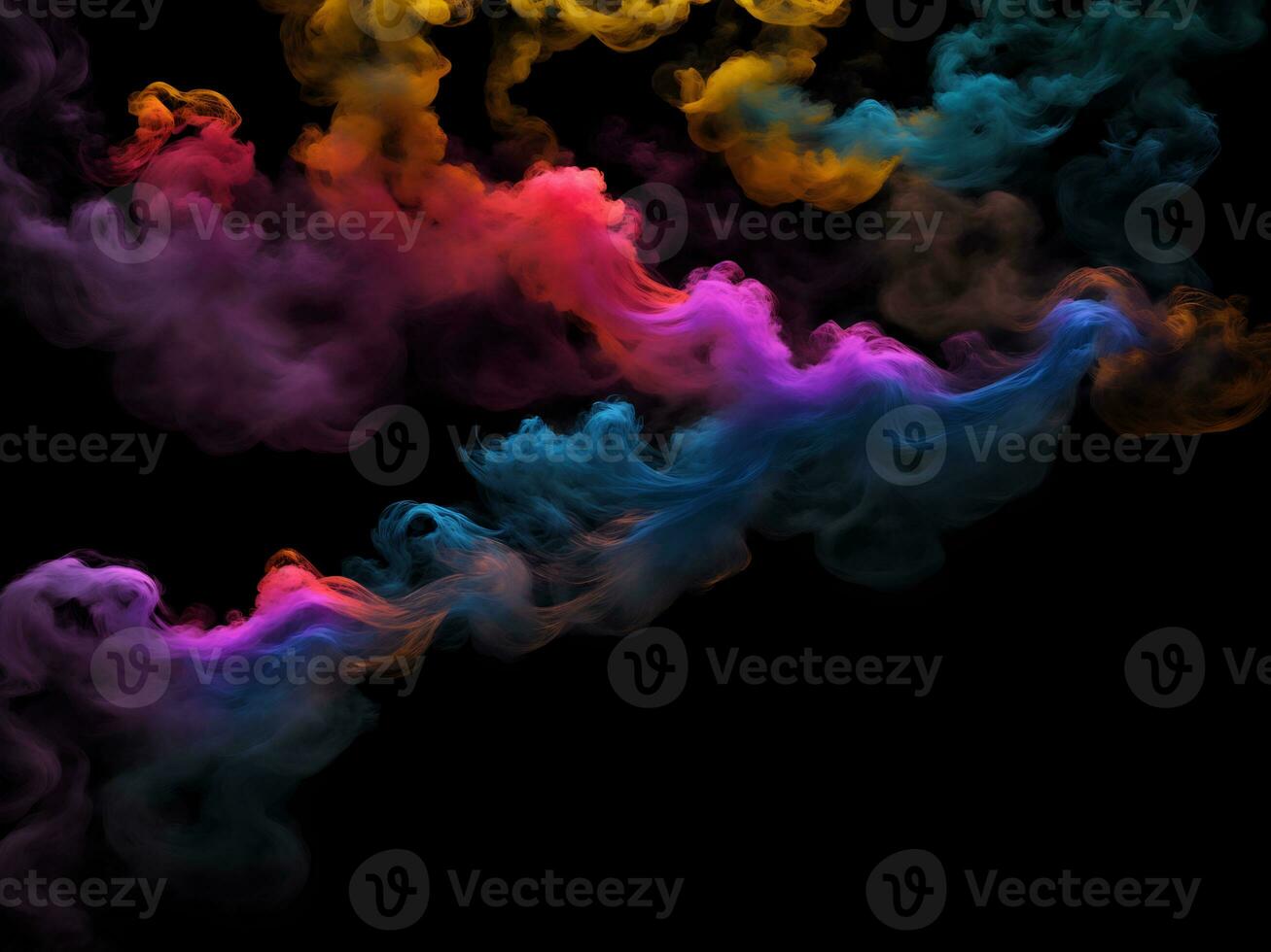 Photograph of a singular flowing colorful smoke stream in black background, AI Generative photo