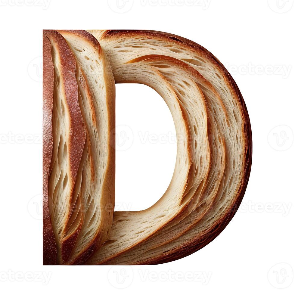 Bread typography text design uppercase alphabet D, AI Generative photo