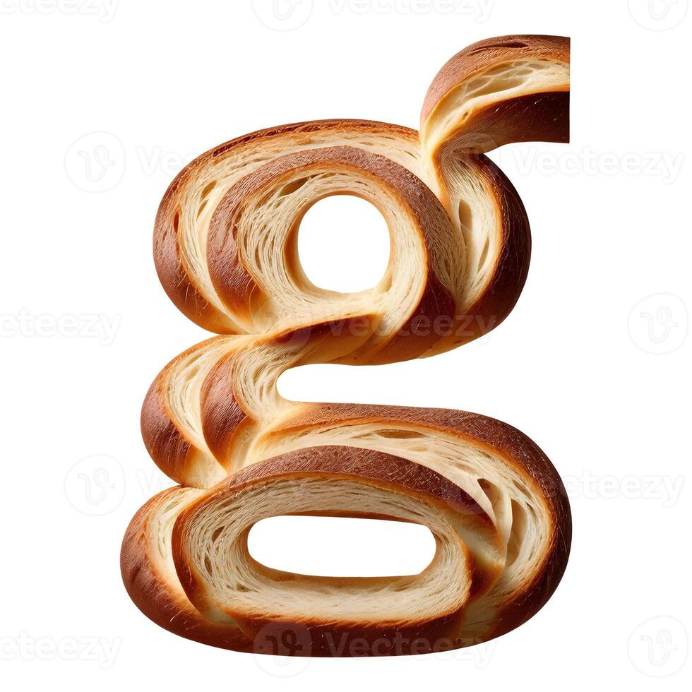 Bread typography text design lowercase alphabet g, photo