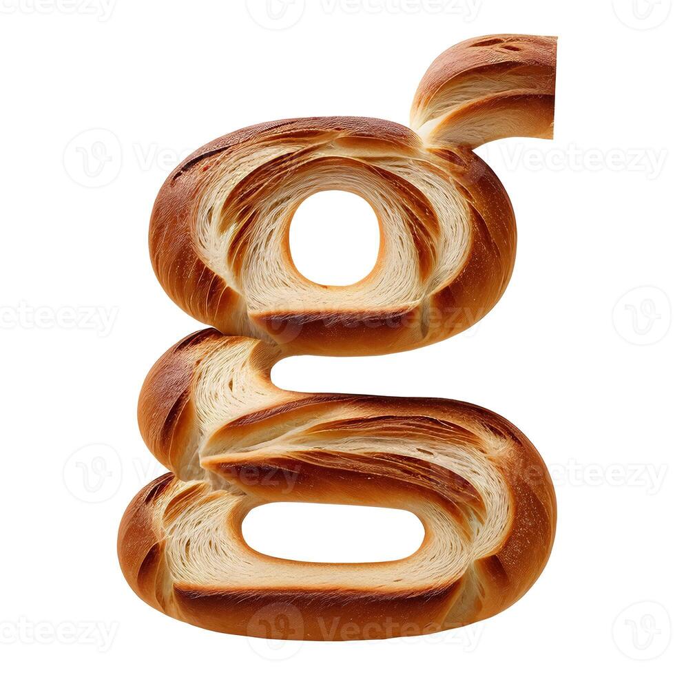 Bread typography text design lowercase alphabet g, photo
