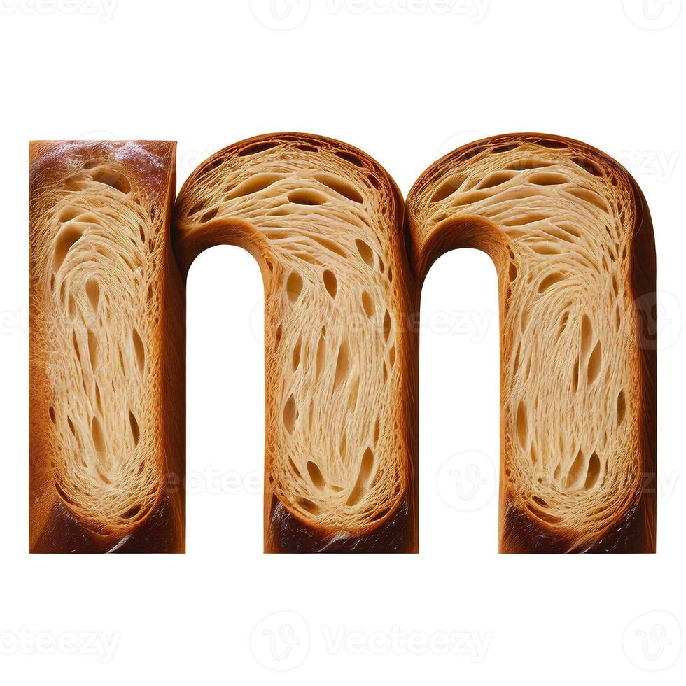 Bread typography text design lowercase alphabet m, AI Generative photo
