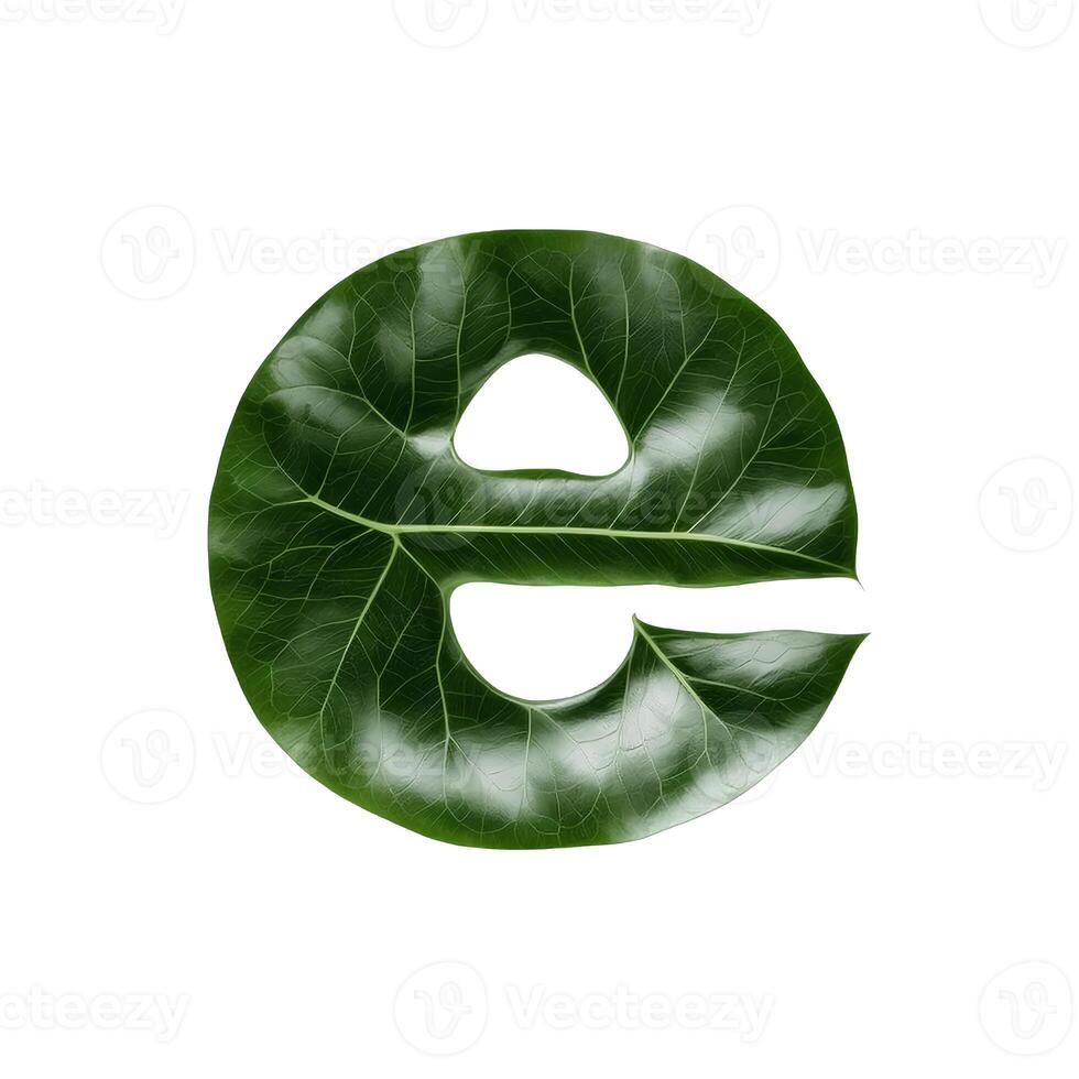 Green leaf typography text design lowercase alphabet e, photo