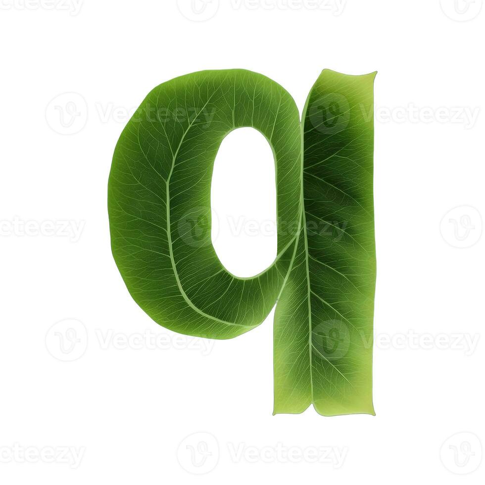 verde hoja tipografía texto diseño minúsculas alfabeto q, ai generativo foto