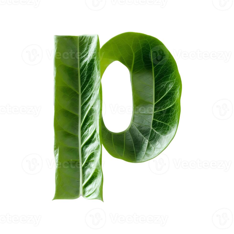 Green leaf typography text design lowercase alphabet p, AI Generative photo