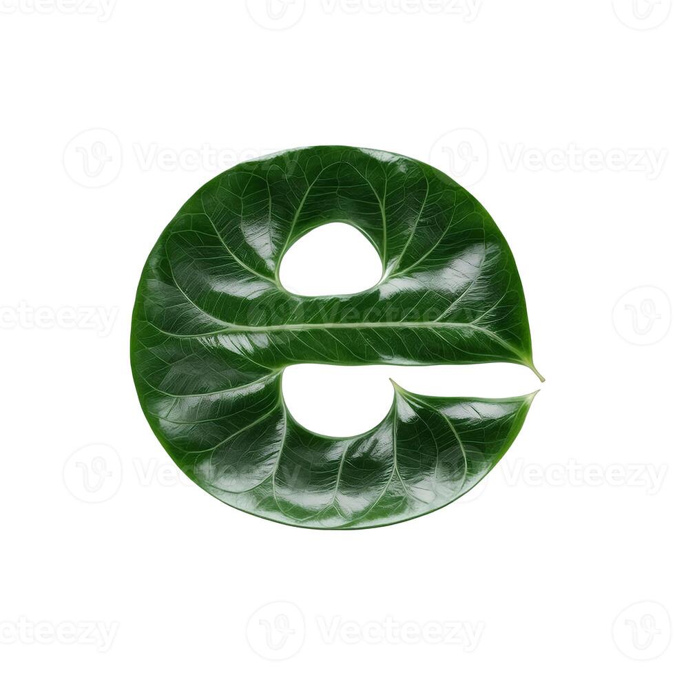 Green leaf typography text design lowercase alphabet e, photo
