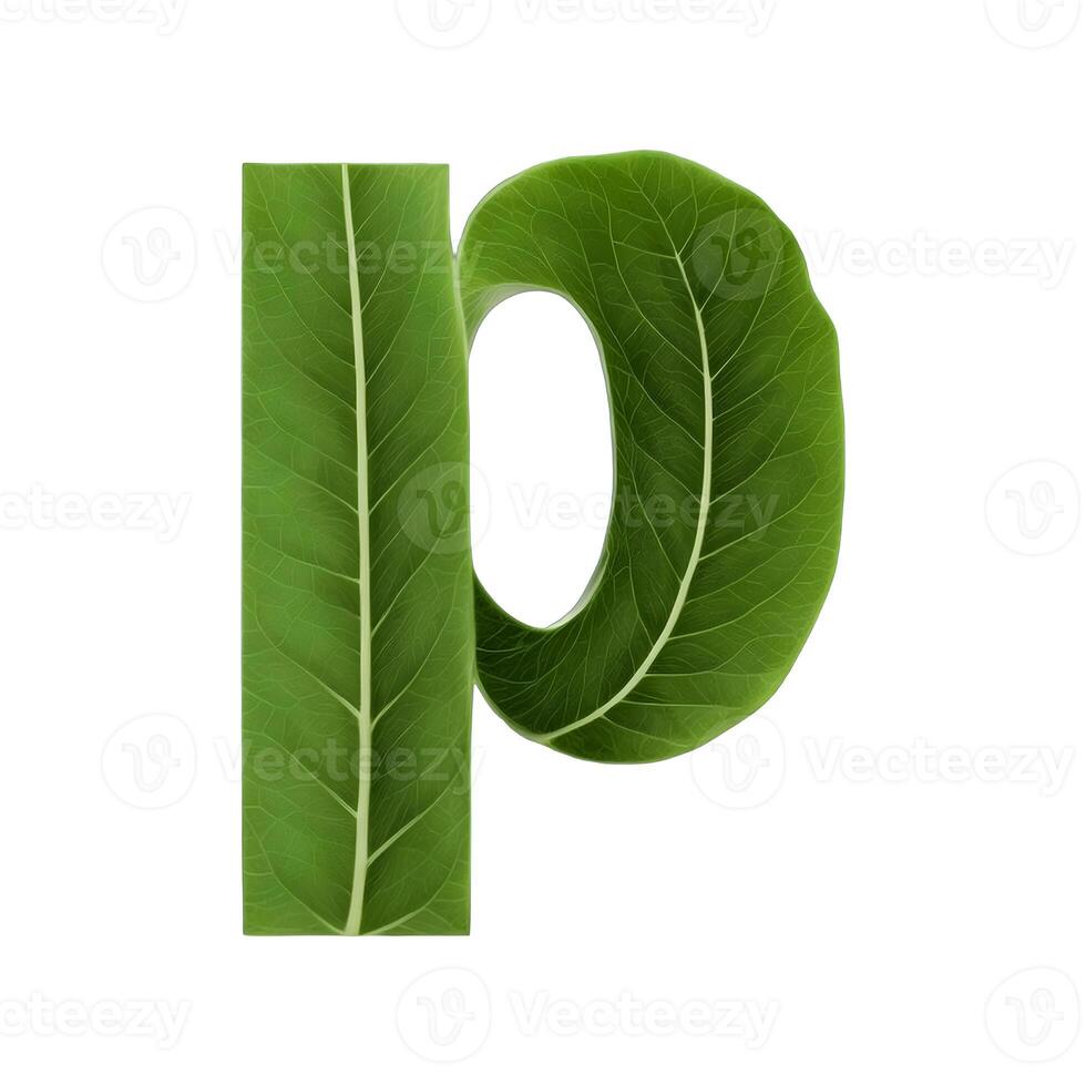 Green leaf typography text design lowercase alphabet p, AI Generative photo