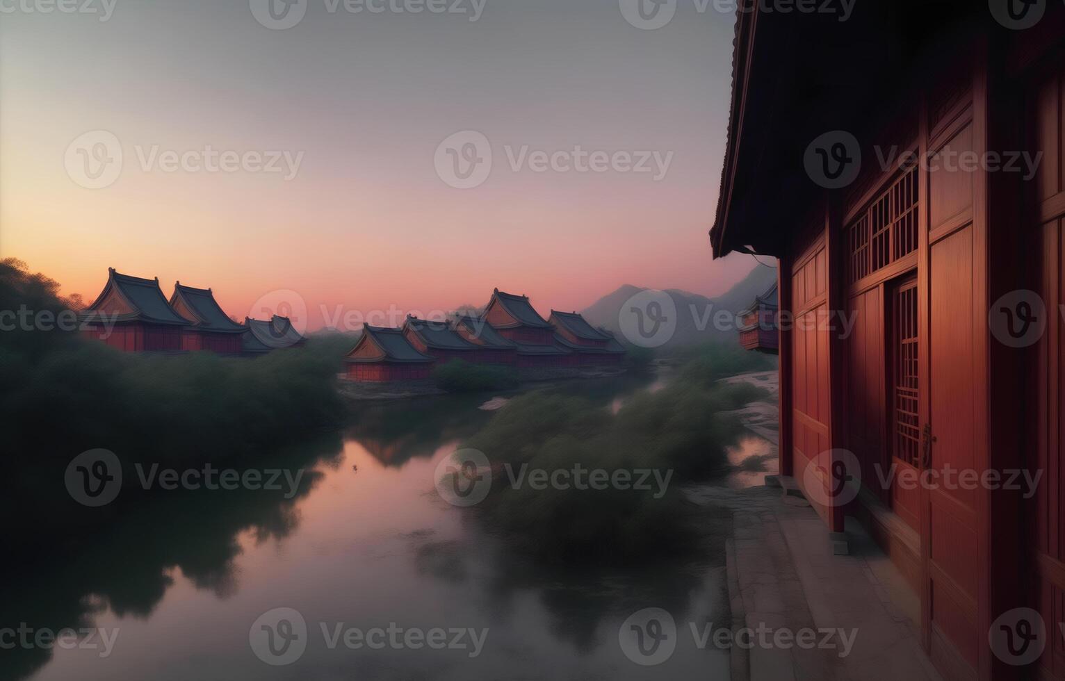 Chinese style landscape river traditional house sunset background, AI Generative photo