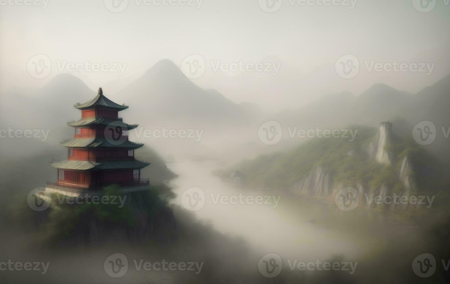 Chinese style landscape foggy mountain traditional building temple nature illustration, AI Generative photo