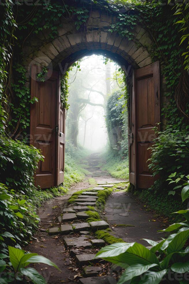 An enigmatic door awaits at the end of a path, adorned with overgrown plant vines photo