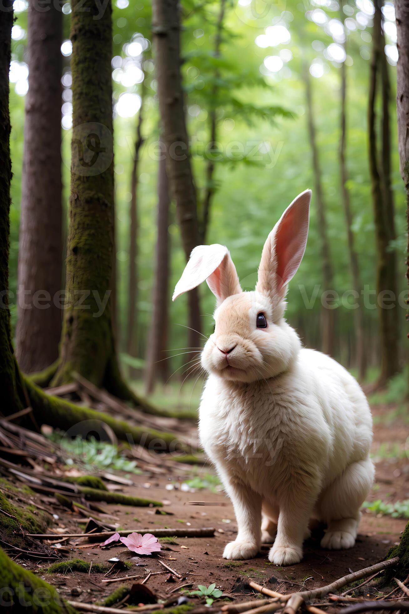 Close up realistic photo of a rabbit in the forest, blurry background