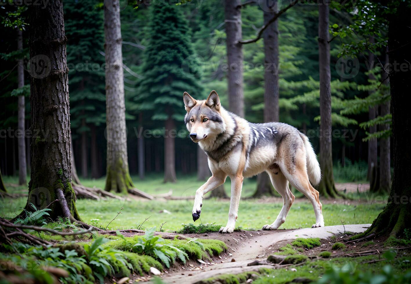 Close up realistic photo of a wolf in the forest, blurry background