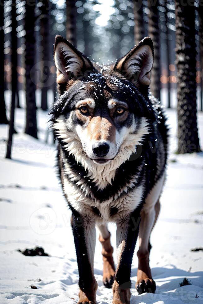 Close up realistic photo of a wolf in the winter snow forest, blurry background,