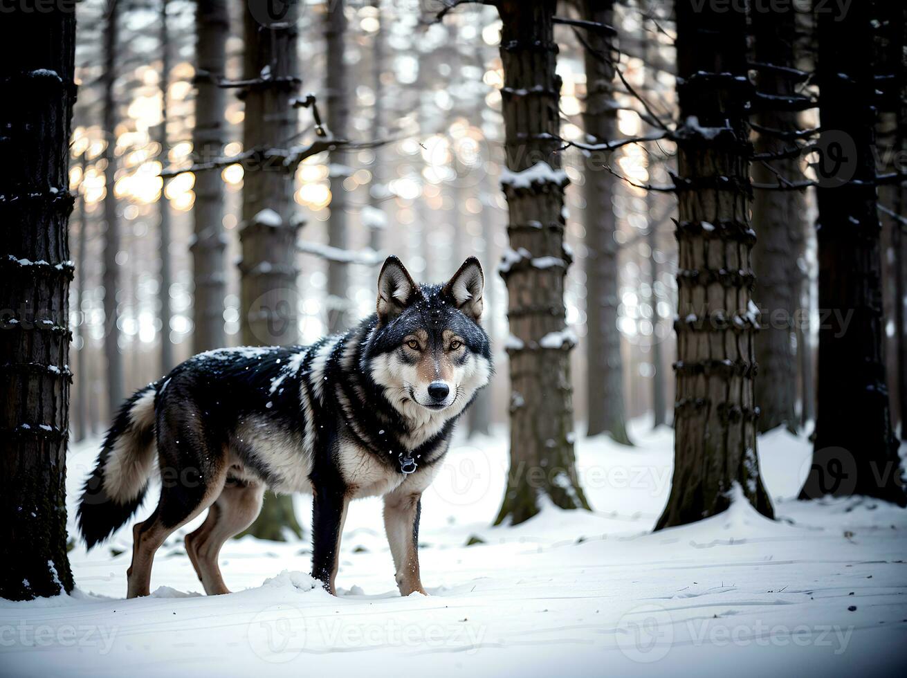 cerca arriba realista foto de un lobo en el invierno nieve bosque, borroso antecedentes