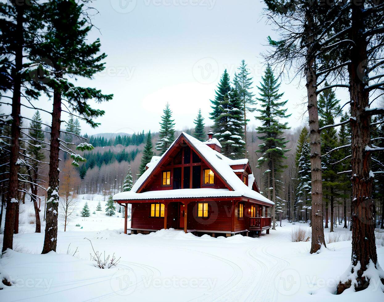 realista foto paisaje de invierno nieve bosque y madera casa