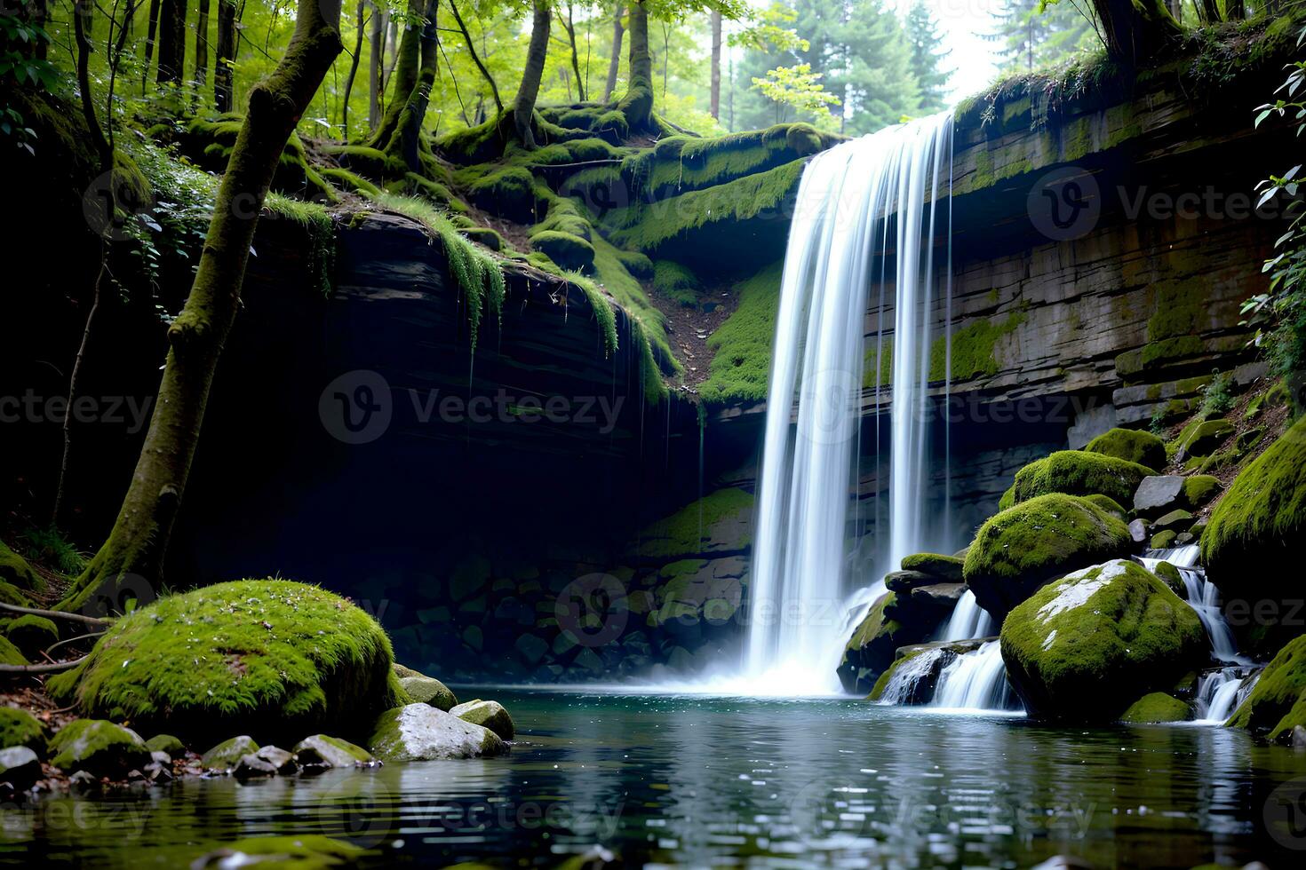 Realistic photo beautiful landscape of waterfall in the forest, AI Generative