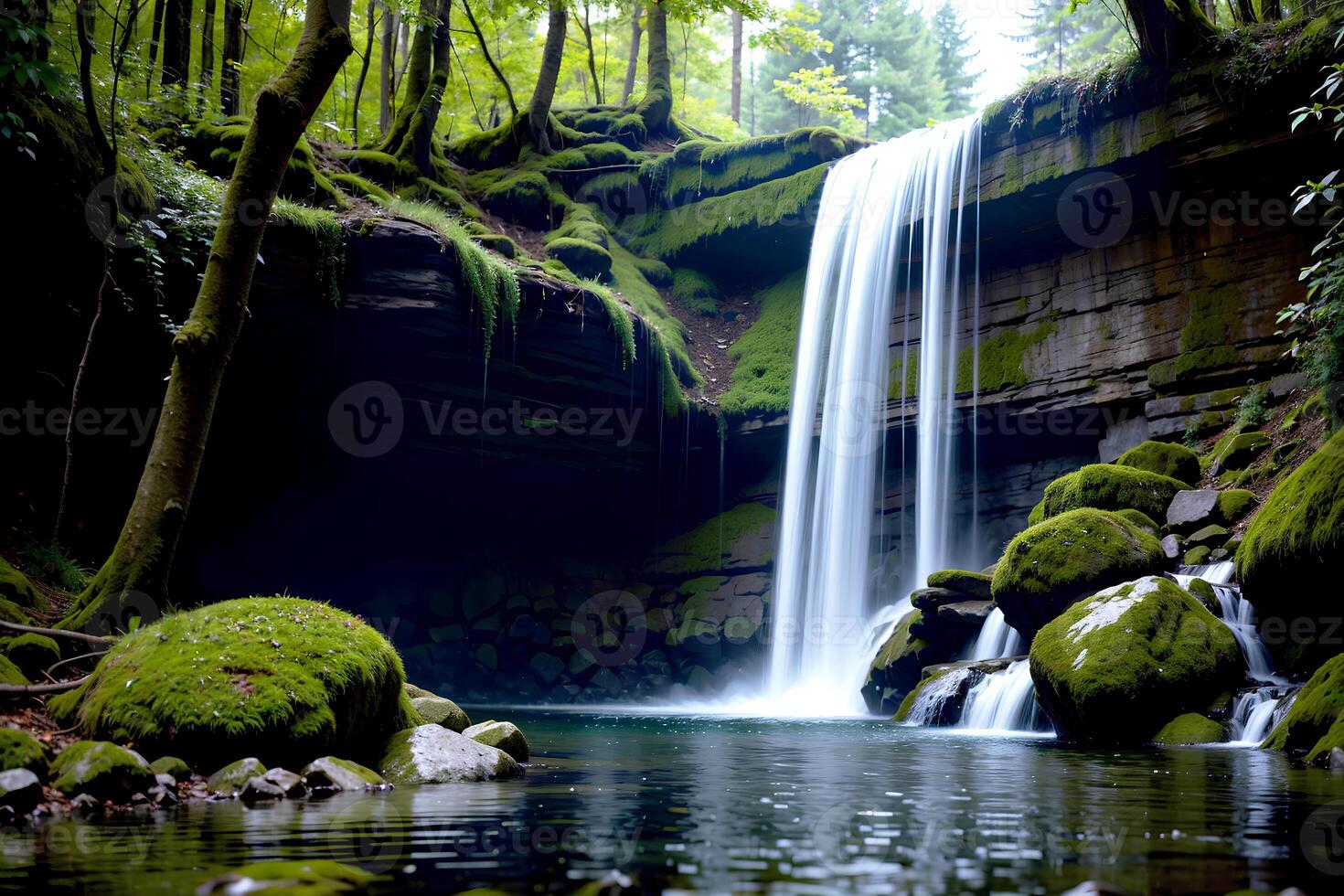 Realistic photo beautiful landscape of waterfall in the forest,