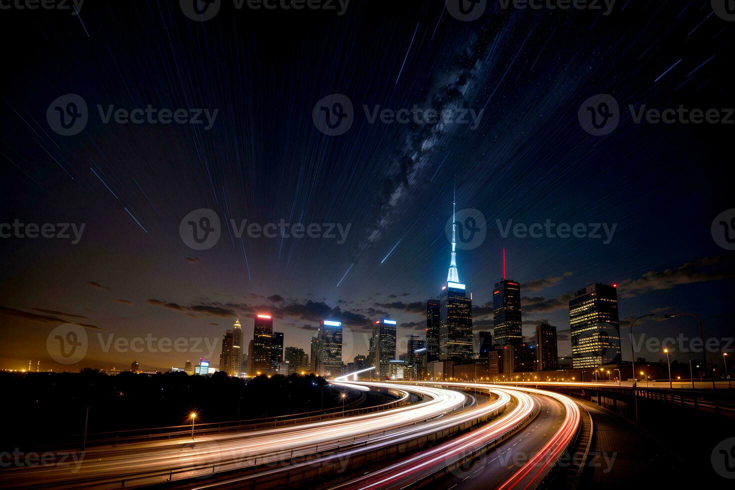 Realistic photo of highway light trails with modern city building background